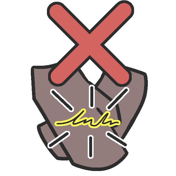 Two minimalist hands holding a yellow outlined scribble with lines for emphasis coming out of it. There is a large red X above the hands.